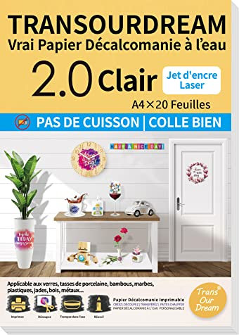 TransOurDream 20xA4 Papier Décalcomanie transparent pour les objets Blancs et Clairs(mug, bougie, bois), Imprimante Laser&Jet d'Encre, Papier Transfert à l'eau 2.0, autocollant,FR-10-20