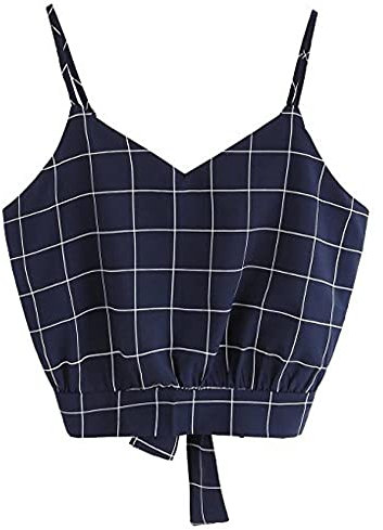 Glücksvogel Bauchfrei Crop Damen Plaid T-Shirt Spagehtti Träger Camisole Tanktop Sommer Ärmelloses V-Neck Cropped Oberteil Crop Top Freizeit Loose Basic Kurz Tops Shirts Teenager Mädchen