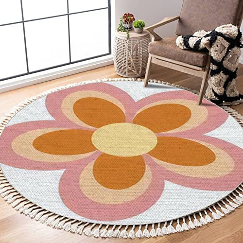 OUVNWLRE Runde Fransen Shag Teppiche Retro Groovy Flower 70er 90er Jahre Stil Flower Power Kind Boho Kreis Überwurf Bereich Teppich Kinder Mädchen Zimmer Dekor Teppich mit Quasten für Puderzimmer