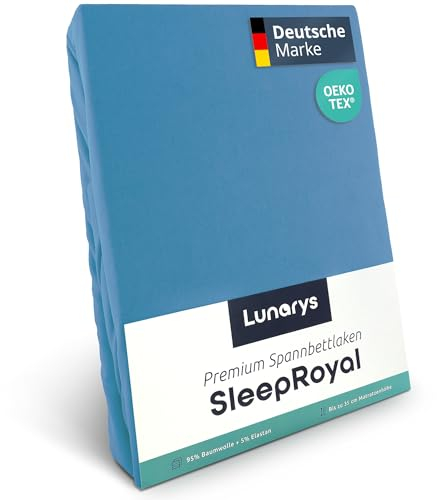 Lunarys® SleepRoyal Luxus Spannbettlaken 120x200cm - Hellblau - 250 g/m² Premium Bettlaken - 40 cm Steghöhe - für hohe Matratzen, Boxspringbett & Matratze + Topper & Wasserbett - Stretch Jersey