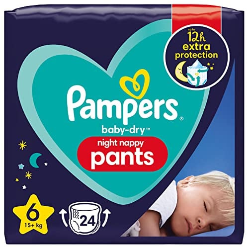 Pampers Baby-Dry Night Nappy Pants Size 6, 24 Night Nappies, 15kg+, Essential Pack