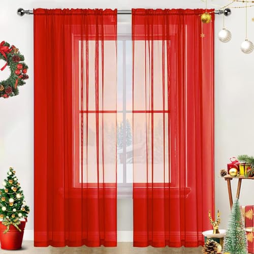 SpaceDresser Durchscheinende Voile-Fensterbehandlung mit Stangentasche, Vorhangpaneele für Küche, Schlafzimmer, Wohnzimmer, Lichtfilterung, Privatsphäre, halb-Heimdekoration, sortiert (Rot, 132,1 cm B