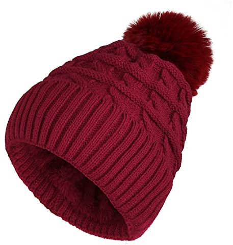 Sibba Bonnet d'hiver à pompon pour femme avec doublure en polaire thermique avec pompon en fausse fourrure, Rouge, Taille unique