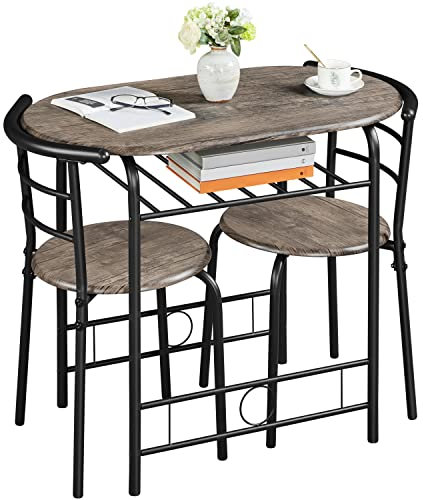 Yaheetech 3 Piece Dining Room Set, Modern Round Dining Table & Chairs Set for 2, Compact Breakfast Bar Table Set with Metal Legs and Shelf, Built-in Wine Rack for Dining Room, Living Room, Drift Brown