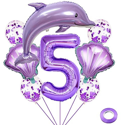 Weenkeey 5 Jahre Delfin Geburtstag Deko Große Delfin Folienballon 5. Geburtstag Delfin Ballons Lila Zahl 5 Luftballon für Mädchen Geburtstag Party