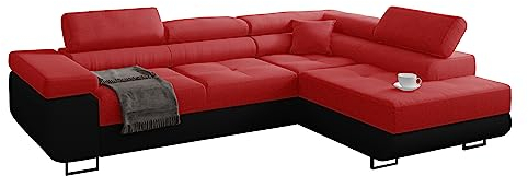 MINIO go for it - Ecksofa Manila I Sofa mit Schlaffunktion I 272x88x203 cm (Rechte Ecke) I Verstellbare Kopfstützen I Schlafsofa mit Bettzeugkästen I Hochwertige Stoffe I Rot und Schwarz