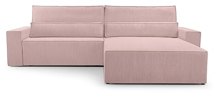 Ecksofa Denver L – Ottomane beidseitig montierbar, Ecksofa aus Cord, Couch für Wohnzimmer, Schlafsofa Sofagarnitur Eckcouch L-Form Cordstoff mit Bettkasten und Schlaffunktion (Poso 145 Rosa)