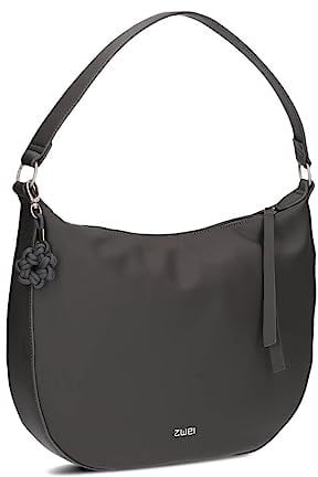Zwei Damen Schultertasche Yuna YU110 Moon-Bag 6 Liter klassisch elegante Hobo-Bag mit Blümchen-Anhänger und Schlüsselband, innen 3 Fächer, extra langes Zipper-Band, hochwertiges Kunstleder (stone)