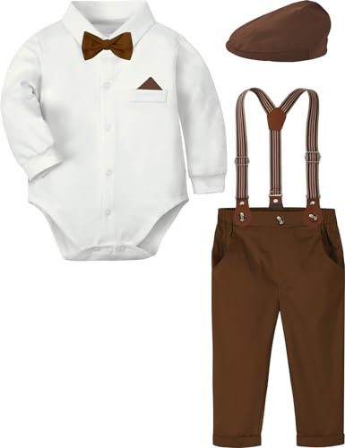 mintgreen Baby Junge Anzug Gentleman Hochzeit Kleidung Formell Hemd Set Hosenträger Fliege mit Hut, Braun, 6-9 Monate, 70