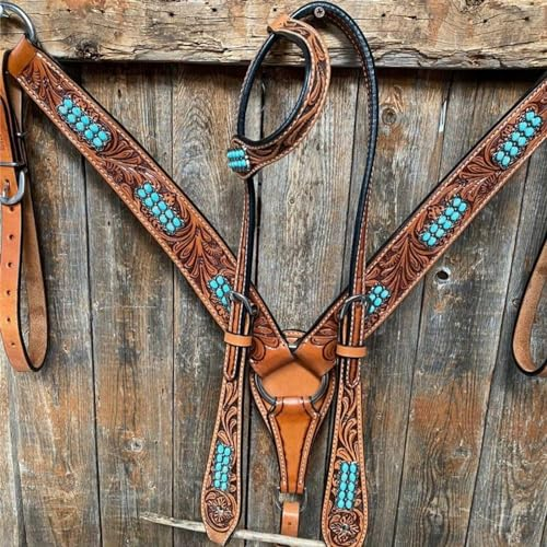 EQUIGEAR Western-Leder-Set mit handgefertigtem Kopfstück und Vorderzeug mit Zügeln. /Size-Full,Cob,Pony AV-035 (Full)