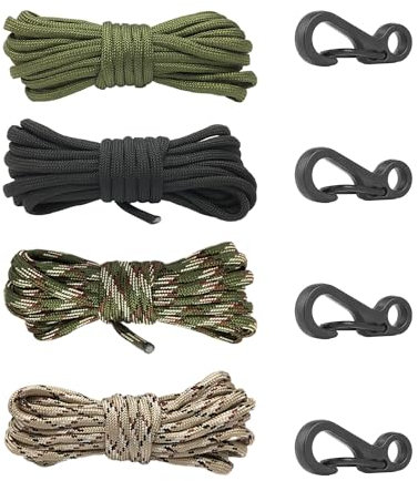 NyxSeat Lot de 4 paracordes de 4 mm avec 4 boucles en métal, sept brins tressés, en nylon, résistance à la pression et à la déchirure, noir, kaki, vert, vert militaire (40 m)