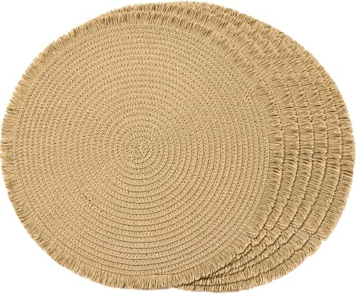 FunWheat Runde geflochtene Papier-Tischsets, Set mit 6 Stück, für Esstische, 38,1 cm, hitzebeständig, Bauernhaus-gewebter Stoff, natürliche Platzsets mit Quaste (D-Braun, 6 Stück)