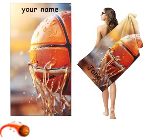 Fadaing Personalisiert Basketball Strandtuch Mit Namen, Basketball Handtuch mit Namen Badetuch für Jungen, Mikrofaser Strandtuch Groß 90x180cm Badetuch Handtuch Basketball für Strand (80 x 160 cm,1)