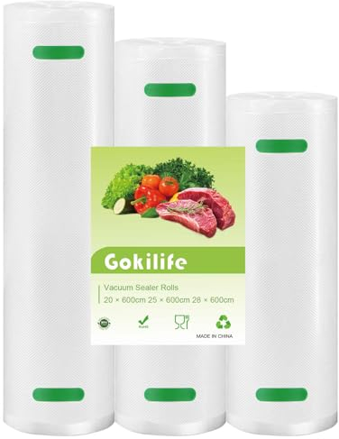 Gokilife Vacuum Sealer Bags Rolls - 3 Rolls 20x600cm 25x600cm 28x600cm Sous Vide Bags, BPA Free, Durable Commercial Customized Size Food Bags for Food Storage and Sous Vide Cooking