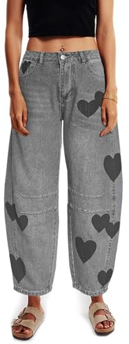 Barrel Jeans for Women Mid Rise Heart Printed Denim Ankle Pants Vintage Baggy Boyfriend Jeans, Black, S