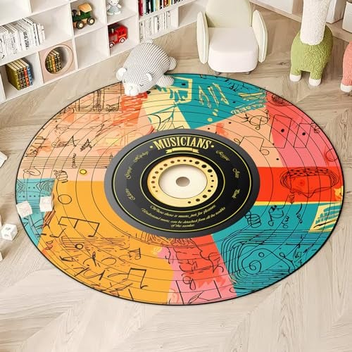 KALERA Musik-CD-Form-Teppich, mehrfarbig, 1,52 m x 1,52 m, getuftet, Polyester, niedriger Flor, rutschfeste Unterseite, wasserabweisend, für alle Jahreszeiten, Jugendliche und älter, Wohnzimmer