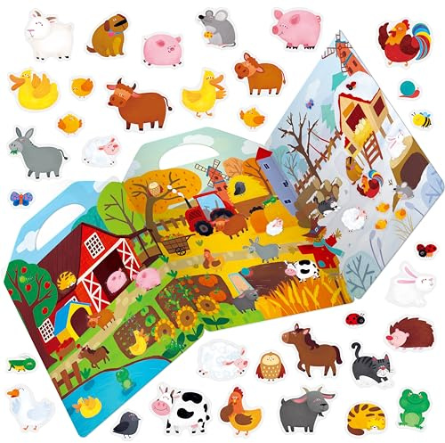 Wiederverwendbares Stickerbuch, 35 statische Bauernhoftier-Sticker, wasserfeste Tier- & Insekten-Aufkleber, Zuordnungsspiel, Aktivitätsbuch, Lernspielzeug