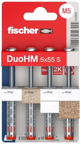 fischer - Cheville Bi-Matière DuoHM 5 x 55 pour Corps Creux, avec Vis à Tête Cylindrique, Empreinte PZ - Blister de 4
