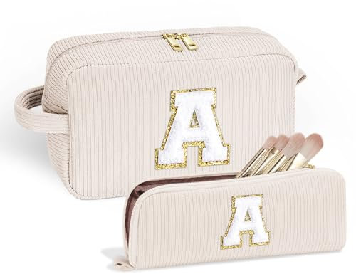 Parima Personalisiert Geschenke für Frauen - Cord Reise Kosmetiktasche Klein Make Up Tasche Organizer Tragbare Makeup Bag Personalisierte Geschenke für Frauen Mädchen Kosmetiktasche mit Buchstaben A
