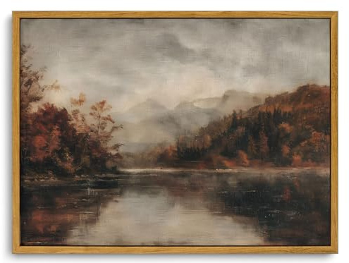 KISSFOX Gerahmte Vintage-Wandkunst, Dekoration, rustikale Herbstlandschaft, Wanddekoration, stimmungsvolle Herbst-Seenlandschaft, Leinwand-Kunstdrucke, moderne Bauernhaus-Gemälde, Kunstwerk für