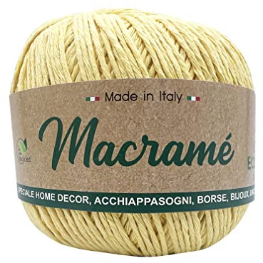 cotone macramè barbante 80% cotone, 20% poliestere, 150g x 200m con spessore 2mm - 100% riciclato MADE IN ITALY per realizzare borse, acchiappasogni, tende, bijoux e molto altro (giallo - 03)