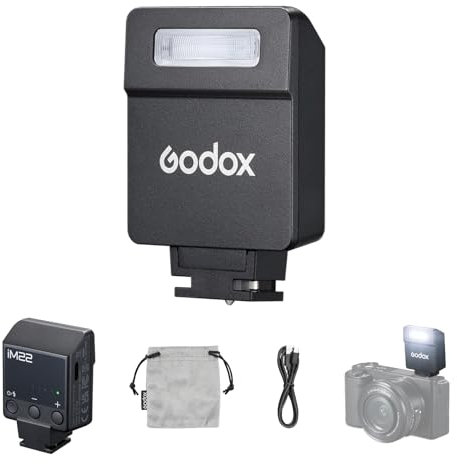 Godox iM22 Kamerablitz, Mini-Blitz für Kamera, 440 Blitze mit voller Leistung, eingebauter Lithium-Akku, 5 Leistungsstufen, Einzelkontakt-Blitzschuh, kompatibel für Canon Sony Fuji Nikon Panasonic