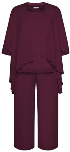 Hanna Nikole Women's Plus Size Chiffon Round Neck Mother of The Bride Trouser Suit Irregular Mother of The Bride 2-Piece Trouser Suit Chiffon for Wedding Evening Dress red Wine 20