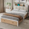 KIMENICH Bett 140x200 cm, Metallbett Bettgestell, Bettrahmen mit Lattenrost, Ladestation, 2 Schubladen, Metallrahmen & Holzkopfteil mit Stauraum, für Schlafzimmer, Gästezimmer, Weiß + Natur