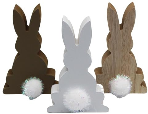 KAMACA 3er Set Osterhase aus Holz mit niedlichen Puscheln Osterdeko Osterfigur Frühling Frühlingsdeko Fensterbank Wohnzimmer Dekohase (3er Set Hase)