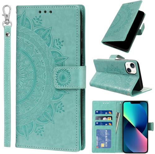 Pnakqil Coque pour Apple iPhone 13 avec Dragonne Portable, Téléphone Etui Protection, Pochette Portefeuille Porte-Cartes Support Rabat Cuir PU Magnétique Étui avec TPU Phone Housse, Vert