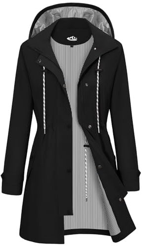 CMTOP Giacca Impermeabile Donna Cappuccio Antivento Trench Traspirante Leggero Parka, Lungo All'aperto Cappotto Per Primavera e Autunnale Ripiegabili Softshell Raincoat(Nero, XL)