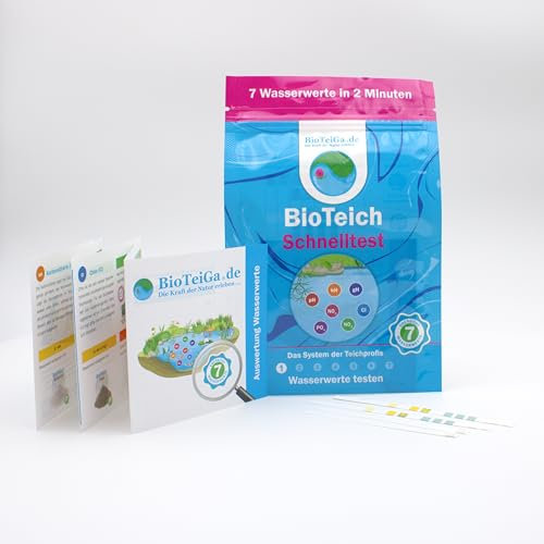 BioTeiGa Wasserwert Test | Teichwasser-Analyse-Set | In 2 Minuten alle wichtigen Teichwasser-Werte messen (kH, gH, pH, NO2, NO3, PO4, Cl) | Einfache Anwendung | Gartenteiche, Fisch- & Schwimmteiche