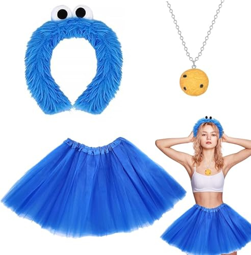 Blauer Tüllrock mit Monster-Stil Haarreif & Keks-Halskette – 3-teiliges Party Accessoire Set für Damen – Kostüm Zubehör mit Kopfband, Halskette und Rock