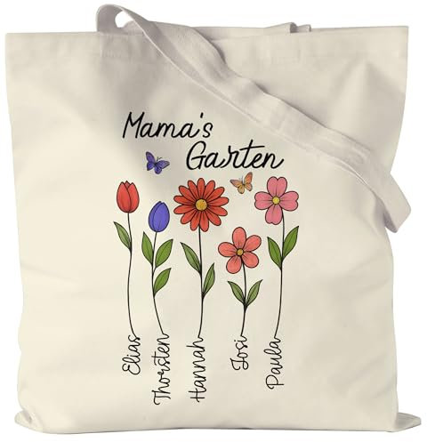 Kiddle-Design Mama Jutebeutel Personalisiert mit Namen Mamas Garten Tragetasche mit Blumen Kindernamen Muttertagsgeschenk, Geschenk Mama Geburtstag Muttertag von Kindern