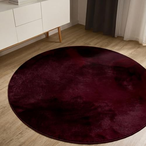 benuta Basic Kunstfaser Fellteppich Furry - Bordeaux rund 160 cm - Weicher Wohnzimmerteppich - Anti-Rutsch-Rückseite - Waschbar - Für Fußbodenheizung geeignet