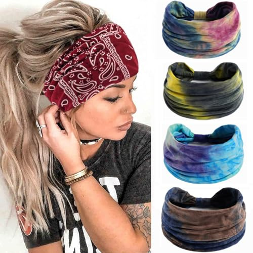 Flintronic 4/6 PCS Sports Damen Stirnband, Baumwollstretch Schweißband Mischfarben, Wicking Stretchy Stirnband für Frauen Sport/Yoga/Laufen/Fitness