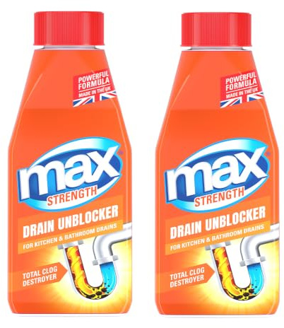 Max Strength Drain Unblocker 1L (2 x 500ml) - Fast-Acting Drain Cleaner | Powerful Drain Cleaner for Kitchen & Bathroom Drains, Helps Clear Hair, Grease & Food Build-Up, For PVC & Metal Pipes