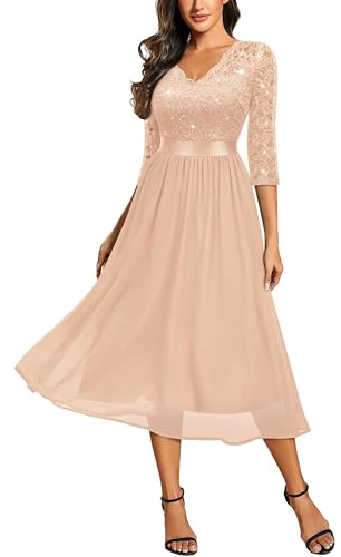 MIUSOL Women's Retro V-Neck 3/4 Sleeves Sequin Lace Formal Business Cocktail Party Dress