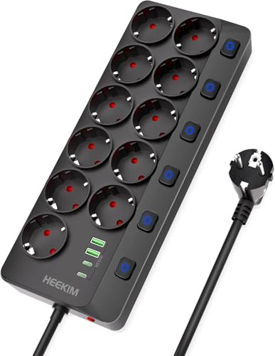 HEEKIM Multiprise, Multiprise Murale Commutable Individuellement 11 Prises avec 2 USB-A et 2 USB-C, 4000W/16A (Noir, 3M)