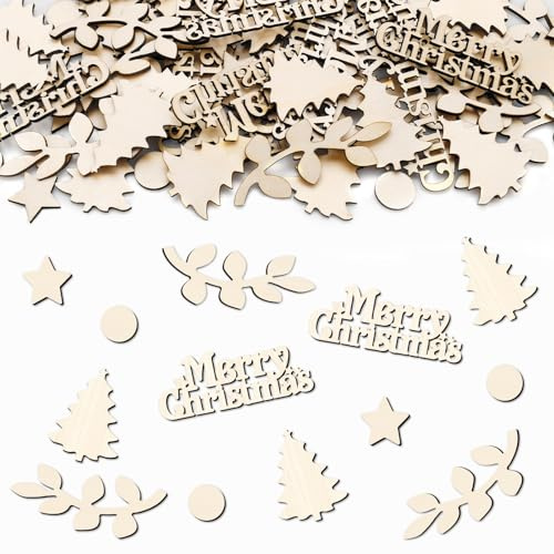 GoldRock 100 Stück Streudeko Weihnachten Holz Konfetti Groß 1,5-6,5 cm,Tischdeko Weihnachten,Weihnachts Dekoration mit Stern,Merry Christmas Decorations,Weihnachtsdeko Kleinteile für Basteln,Geschenke
