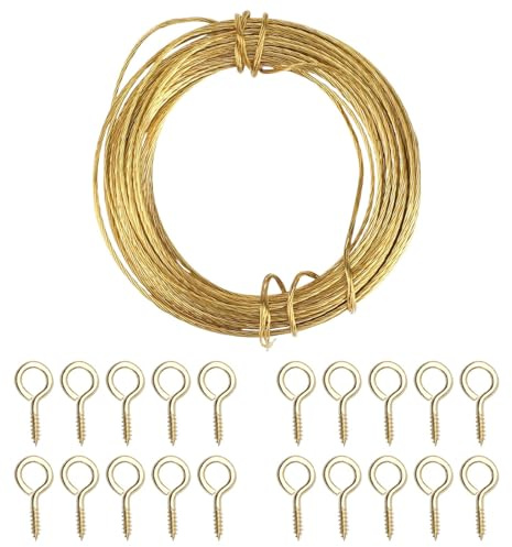 Brass Picture Hanging Wire 3M 20pcs Eye Screw Hooks, Braided Metal Wall Picture Hanger Wire Kit for Hanging Photo Frame, Mirror, Artwork, Clock