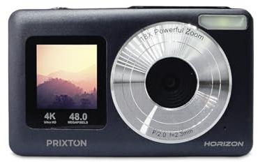 PRIXTON Horizon DC915 Digitalkamera mit Dualdisplay, Auflösung 4K, 48 MP, 18-facher Zoom, Laufzeit 120 min, SD-Karte bis zu 64 GB