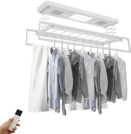 Armanyya Elektrischer Wäscheständer für Wand und Decke mit Ventilator und Fernbedienung, Hebender Wäascheständer, Kleiderstange 130-215 cm Einstellbare, LED-Beleuchtung, 50 m Fernbedienung (Weiß)