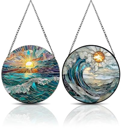 ALONK 2 Stück Blauwellen Sonnenfänger, Suncatcher mit Kette zum Aufhängen, Fensterdeko Hängend
