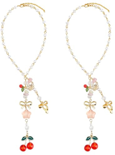 DICOSMETIC 2 Stück Rückspiegel Anhänger für Damen Gold Niedliche Kirsche Schleife Stern Perle Hängeschmuck Natürlicher Edelstein Autoinnenraum Deko Funkelnde Auto Spiegel Accessoires