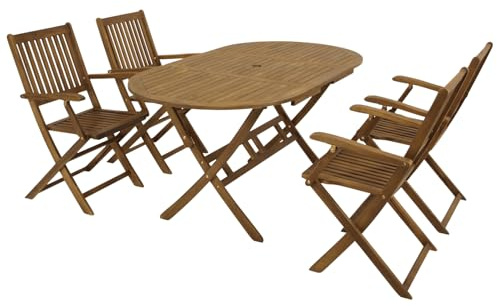 DEGAMO Klappgarnitur Benita 5-teilig (4X Klappstuhl mit Armlehne, 1x Klapptisch oval 85x160cm), Akazie braun geölt, Outdoor