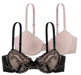 Dorina Comfort Spitze Lace T-Shirt BH für Frauen, 3/4-Schale Damen leicht gepolsterter Bügel-BH, 2er-Pack, CHLOE-2PP Schwarz Rosa Rot Elfenbein
