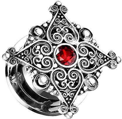 Piercingfaktor Flesh Tunnel Schraub Ohr Plug Piercing Vintage Tribal Ethno Schraubverschluss Silber Herzen Motiv filigran roter Kristall 14mm