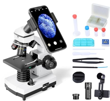 Microscope for Students and Kids, 100-2000x Magnification Powerful Biological Educational Microscopes with Operation Accessories(10p), Slides Set(15p), Phone Adapter, Wire Shutter & Backpack