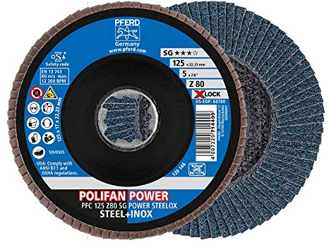 PFERD Fächerscheibe POLIFAN POWER, 10 Stück, 125mm, Z80, X-LOCK (22,23 mm), SG STEELOX, 67788127 – für höchste Wirtschaftlichkeit durch aggressive Zerspanung